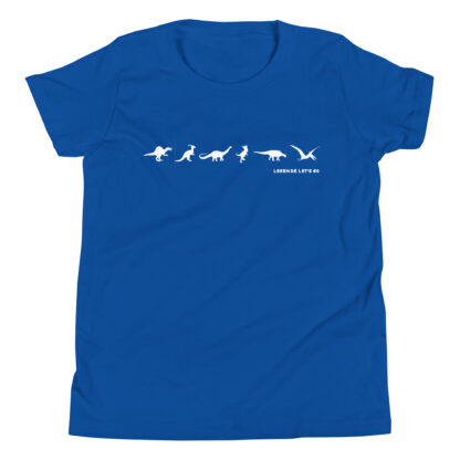 Dinos in Line white print on blue shirt