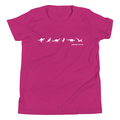 Dinos in Line white print on pink shirt